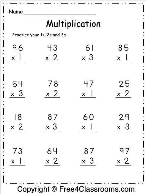 Free Multiplication Worksheet - 1s, 2s and 3s - Free Worksheets ...