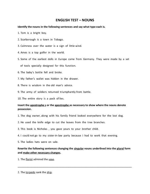 worksheet nouns test