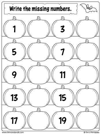 Halloween Missing Numbers Worksheet: Numbers 1 to 20 - Tims ...