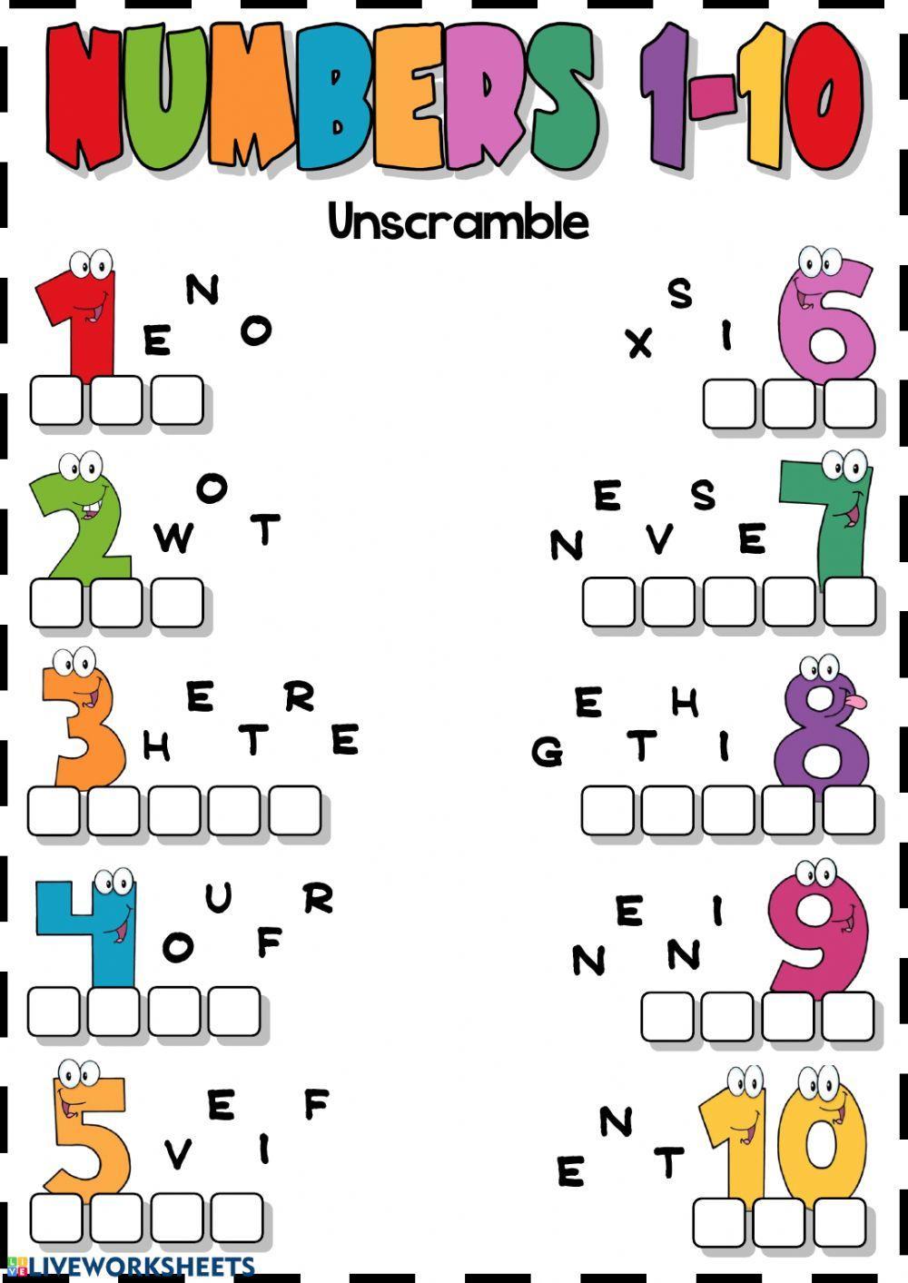 Numbers 1-10 (Unscramble) worksheet  