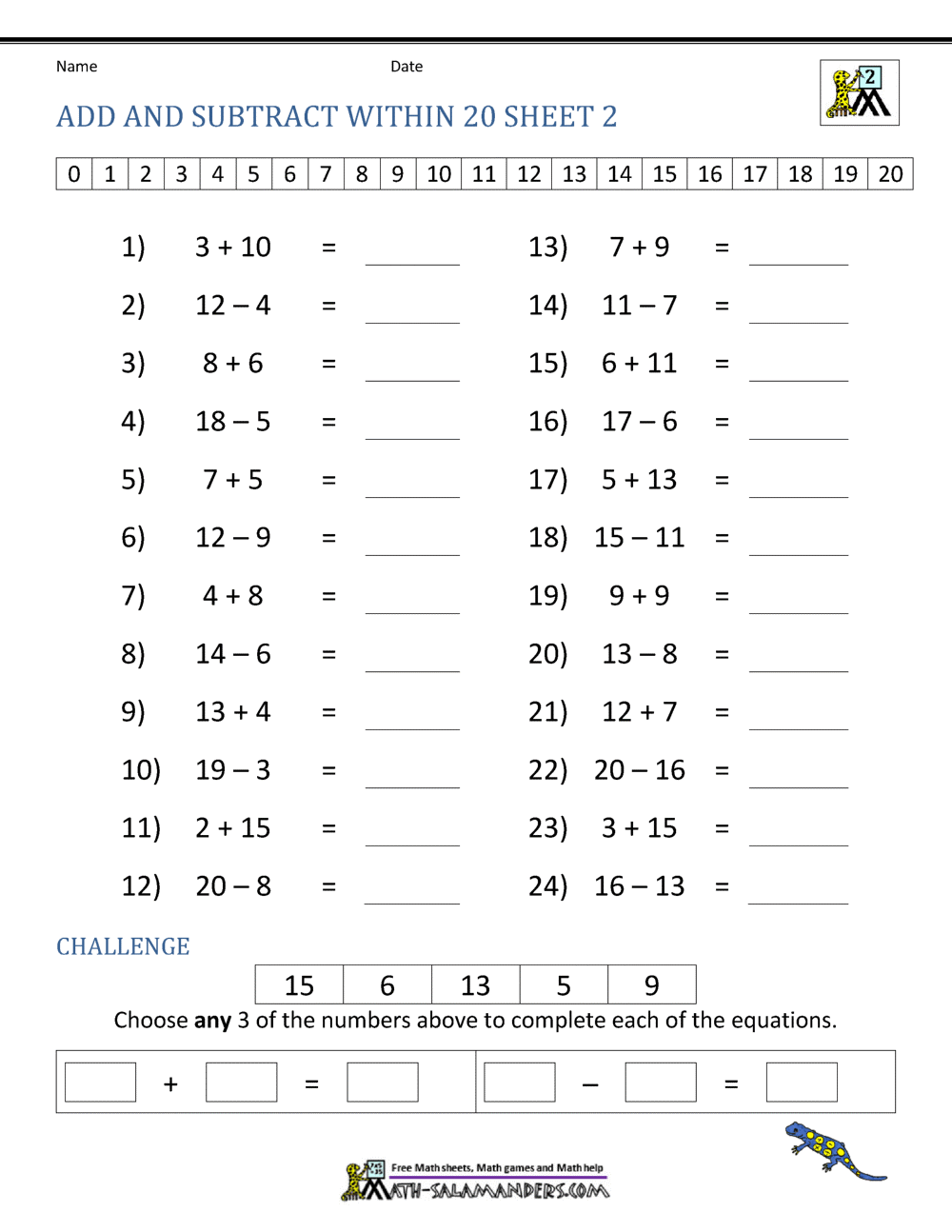 worksheet of addition and subtraction