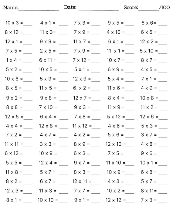 worksheet of multiplication