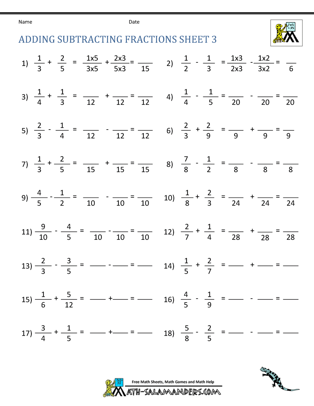 worksheet on adding and subtracting fractions