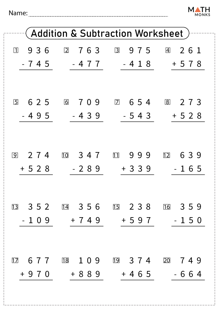 4th Grade Addition and Subtraction Worksheets with Answer Key