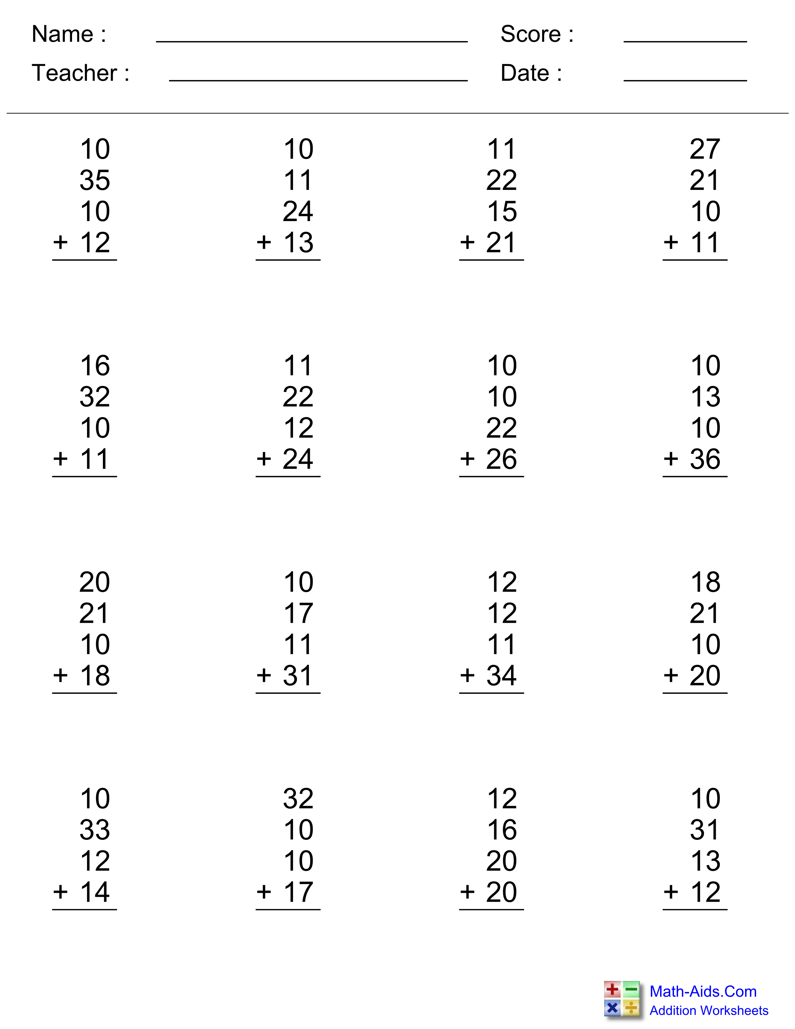 Addition Worksheets | Dynamically Created Addition Worksheets