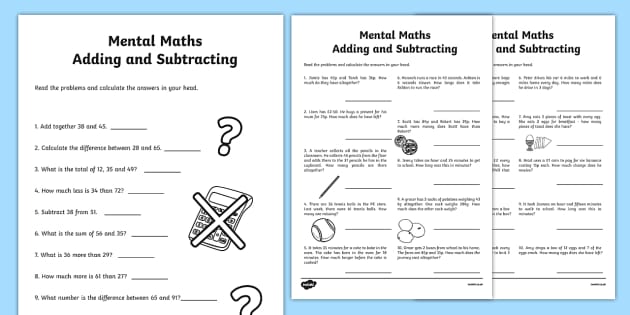 Mental Math Addition and Subtraction Sums Worksheets