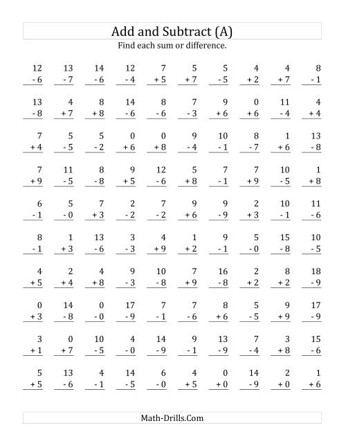 Adding and Subtracting with Facts From 0 to 9 (A)
