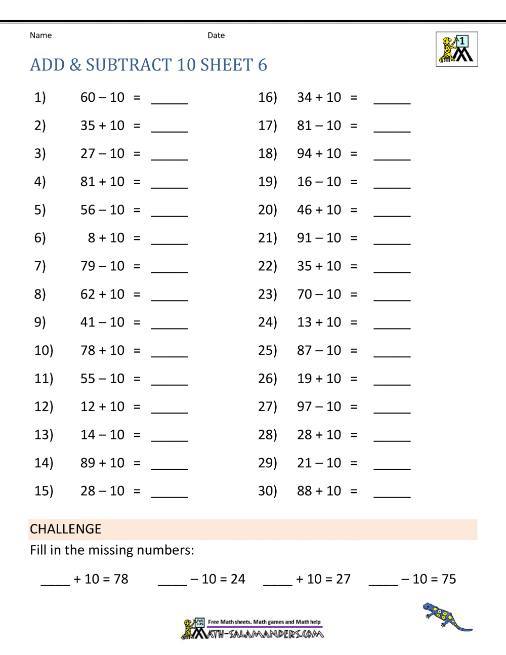 Add and Subtract 10 Worksheet