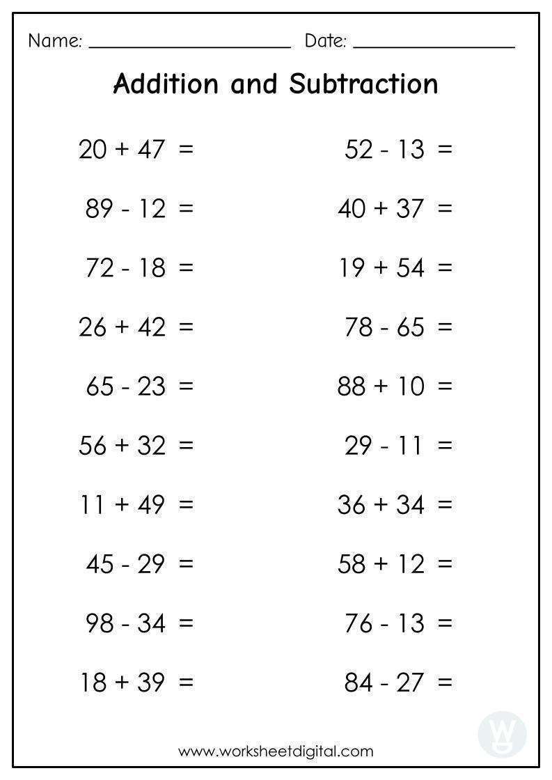 worksheet on addition and subtraction for grade 2