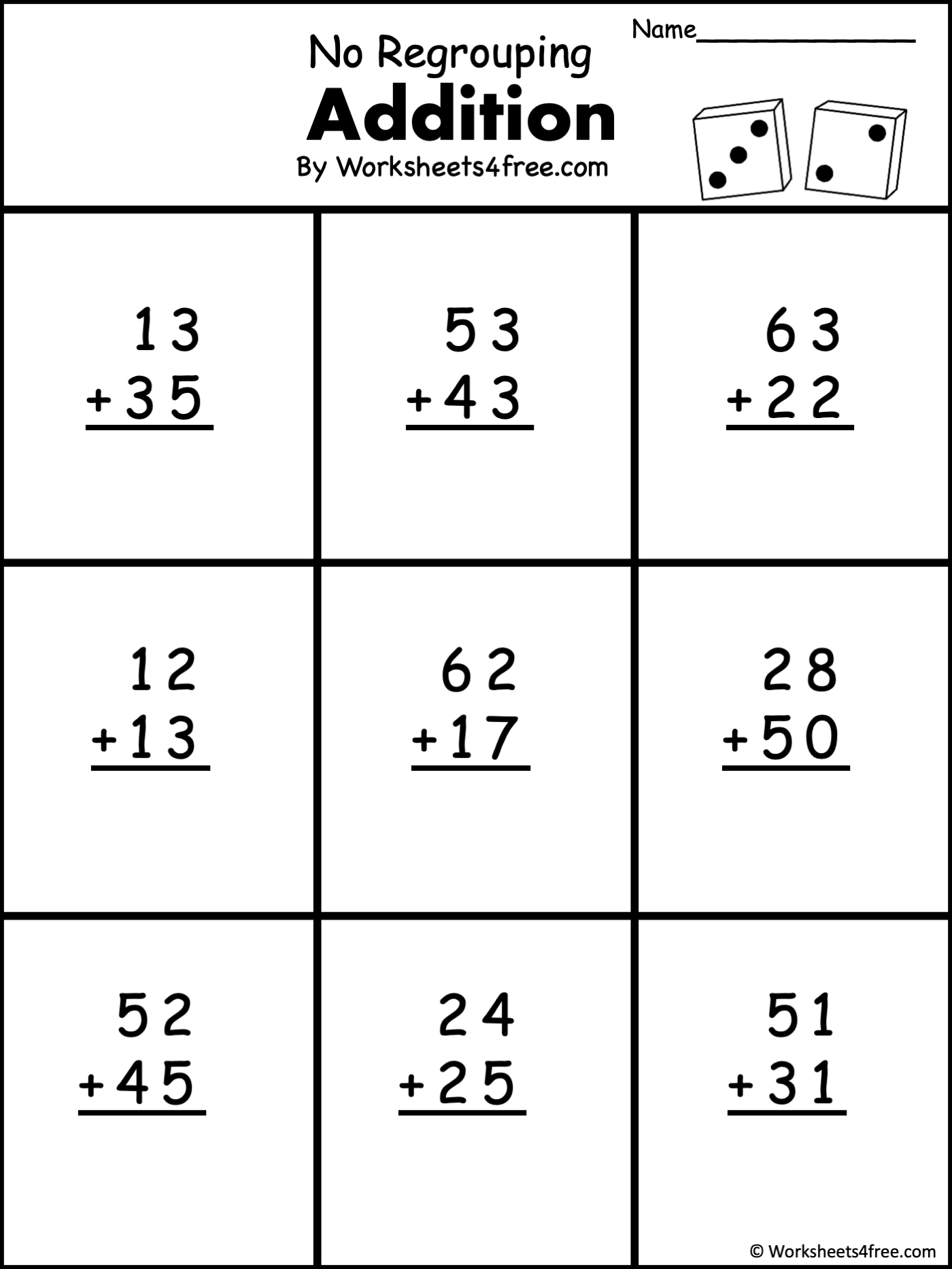 worksheet on addition without regrouping