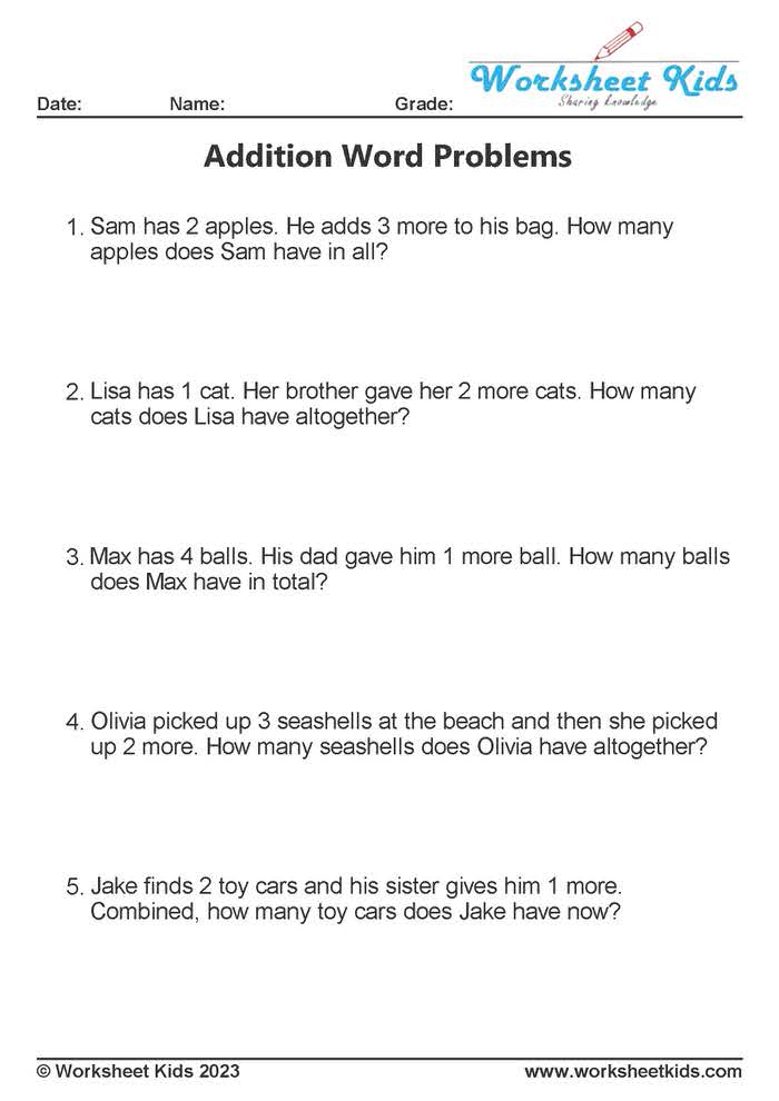 Addition Word Problems Worksheets for 1st and 2nd Graders - Free ...