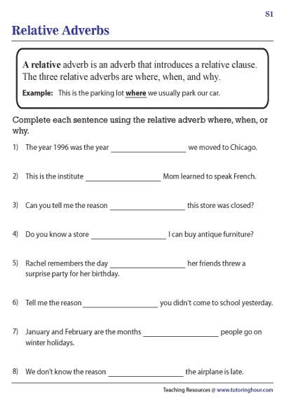 Relative Adverbs Worksheets | When, Why and Where in Sentences