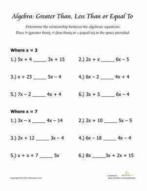 Comparing Algebraic Equations | Worksheet 