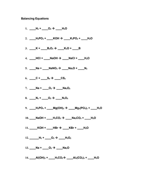 worksheet on balancing chemical equations