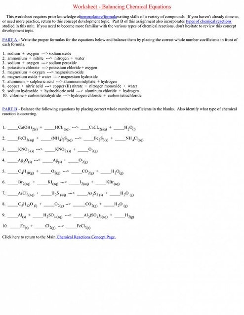 worksheet on balancing chemical equations
