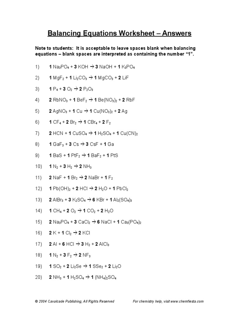 Balancing Equations Worksheet - Answers: © 2004 Cavalcade ...