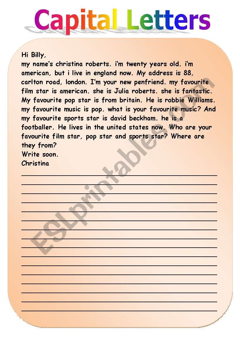 WORKSHEET FOR CAPITAL LETTERS - ESL worksheet by snoopyhaha