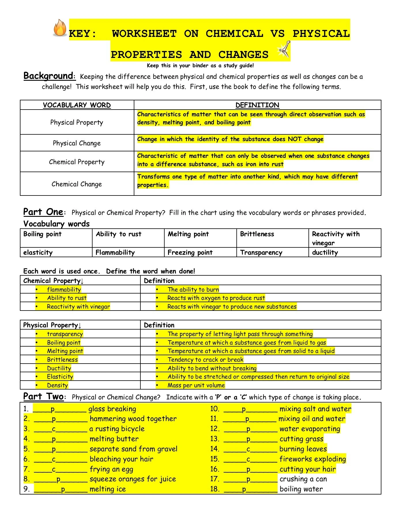 worksheet on chemical vs physical properties and changes answers