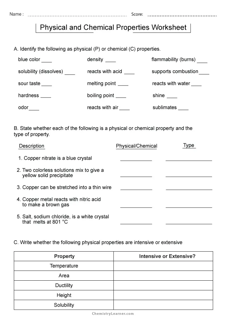 worksheet on chemical vs physical properties and changes answers