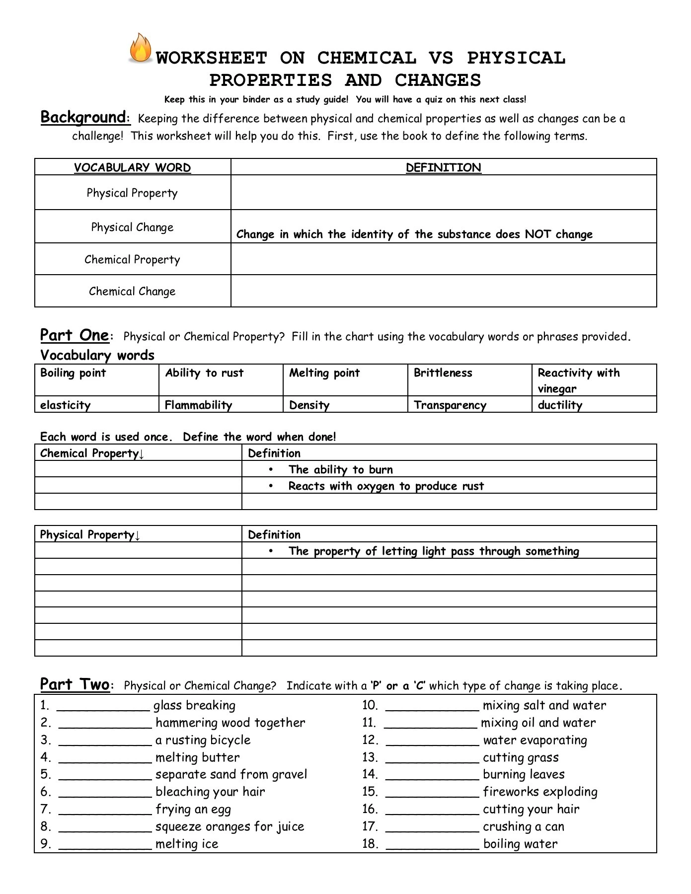 worksheet on chemical vs physical properties and changes answers