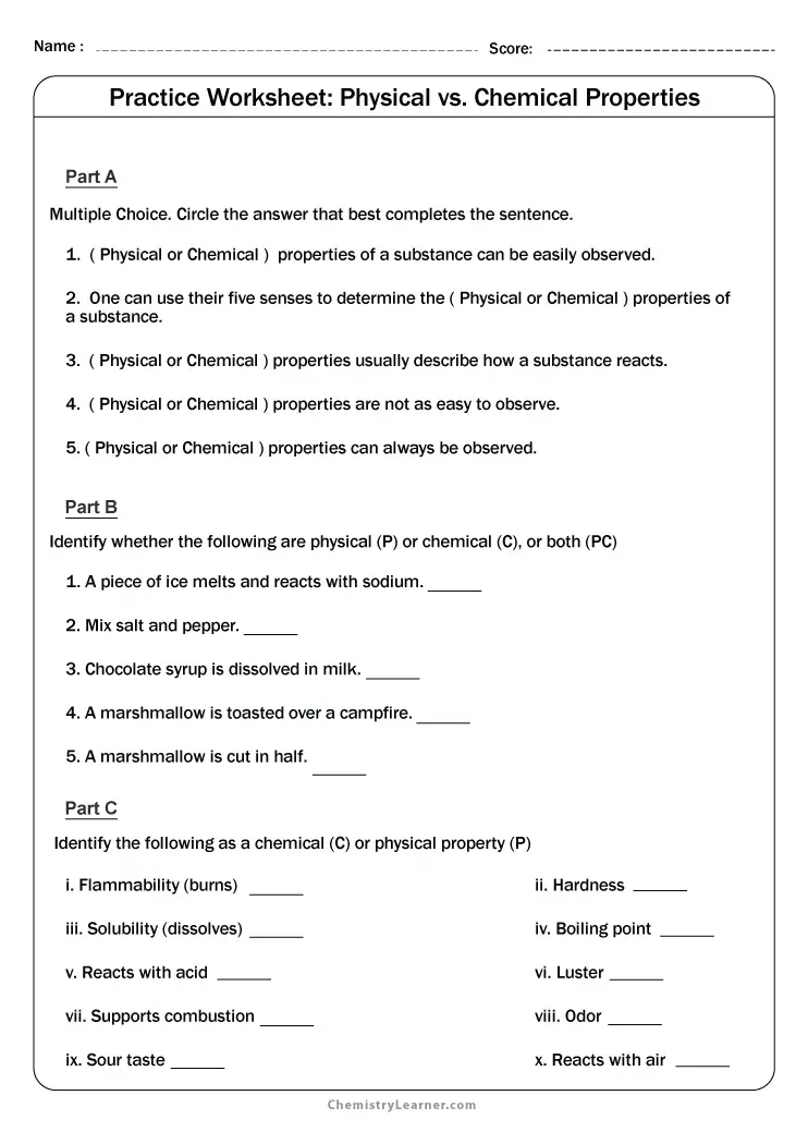 Free Printable Physical and Chemical Properties and Changes Worksheets
