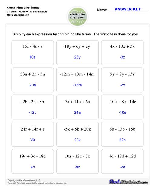 Combining Like Terms Worksheets