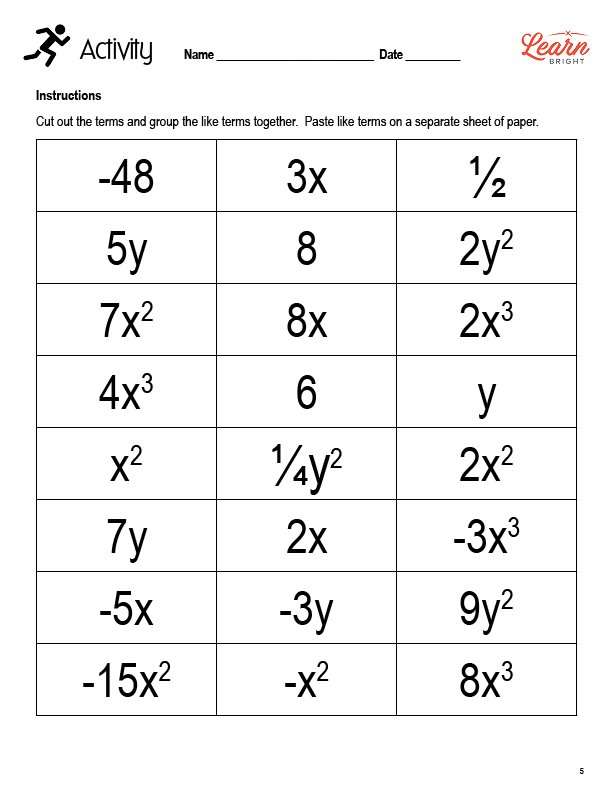 Combining Like Terms with Fractions worksheet  