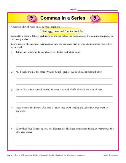 Commas in a Series | Comma Worksheets