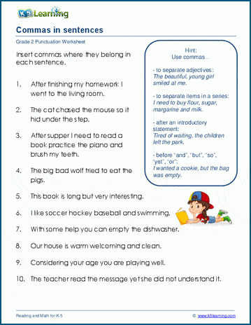 Punctuating sentences with commas worksheets | Worsheets library