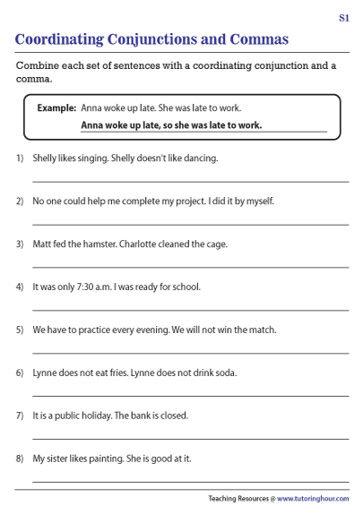 Conjunctions and Commas Worksheets