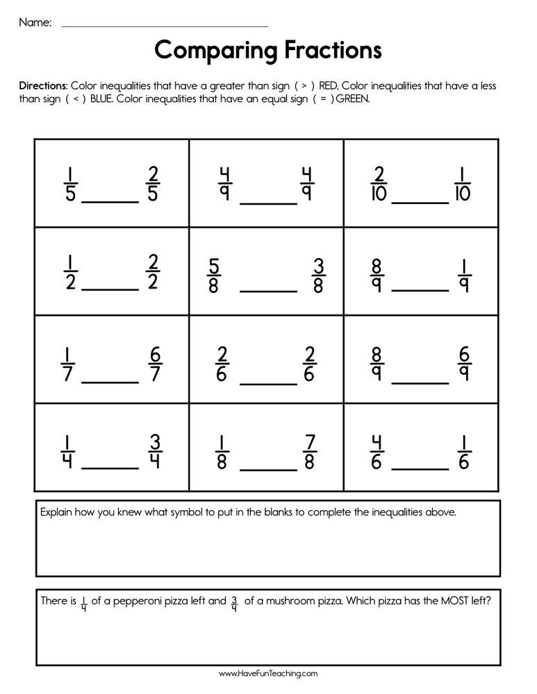 Comparing Fractions Worksheet  