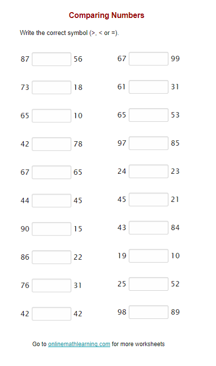 Comparing Numbers Worksheets (First Grade, printable)