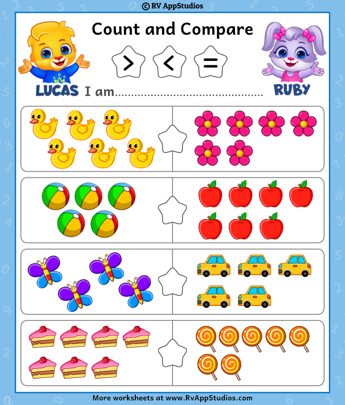Free Colorful Printable for Kids to Count and Compare Numbers.