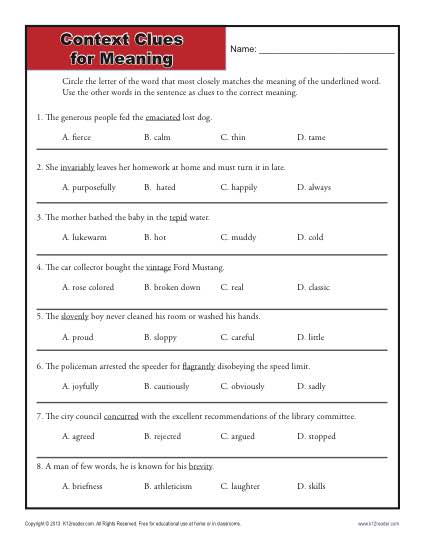 worksheet on context clues