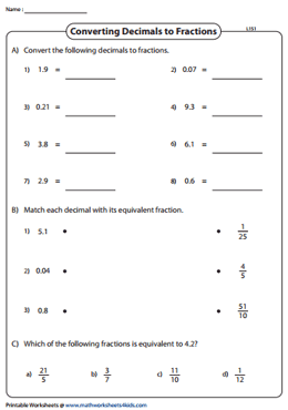 Converting between Fractions and Decimals Worksheets