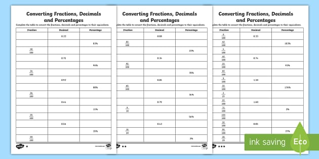 Matching Fractions, Decimals and Percentages Worksheet