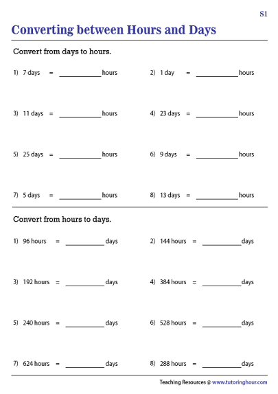 Converting between Hours and Days Worksheets