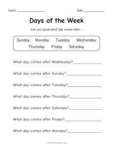 Days of the Week Worksheets - What day comes before?