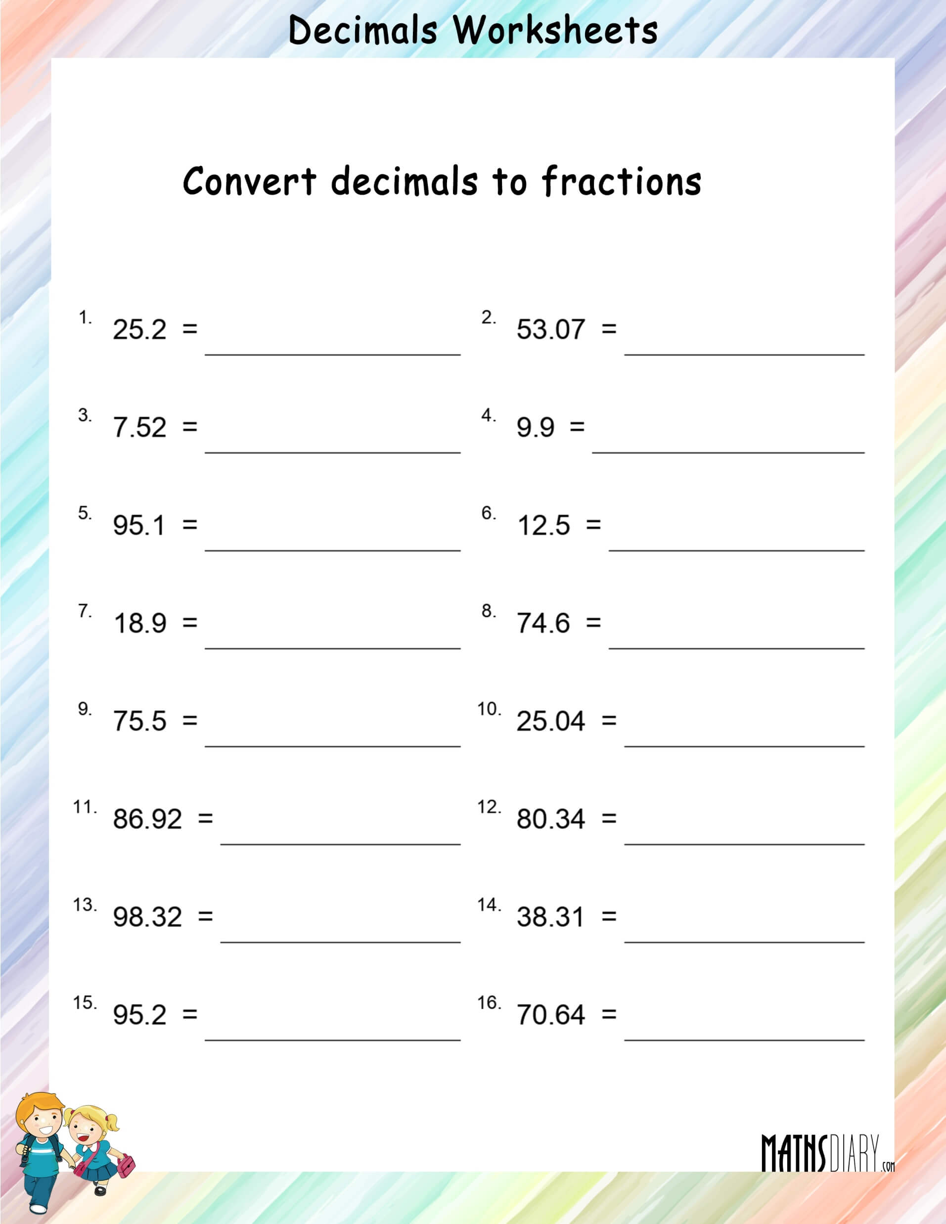 Convert Decimals to fractions worksheets - Math Worksheets ...