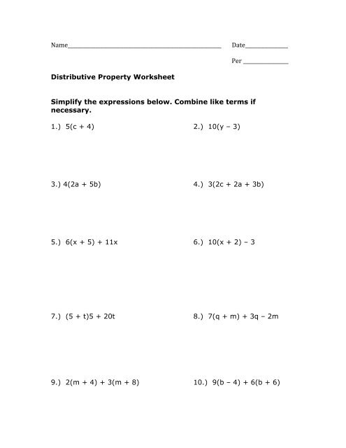 Distributive Property Worksheet.pdf - MrWalkerHomework - Worksheets Library