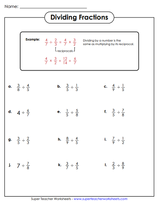 worksheet on dividing fractions