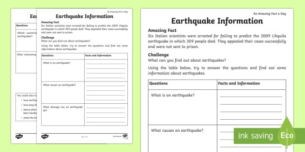 Earthquake Information Worksheet / Worksheet - Twinkl