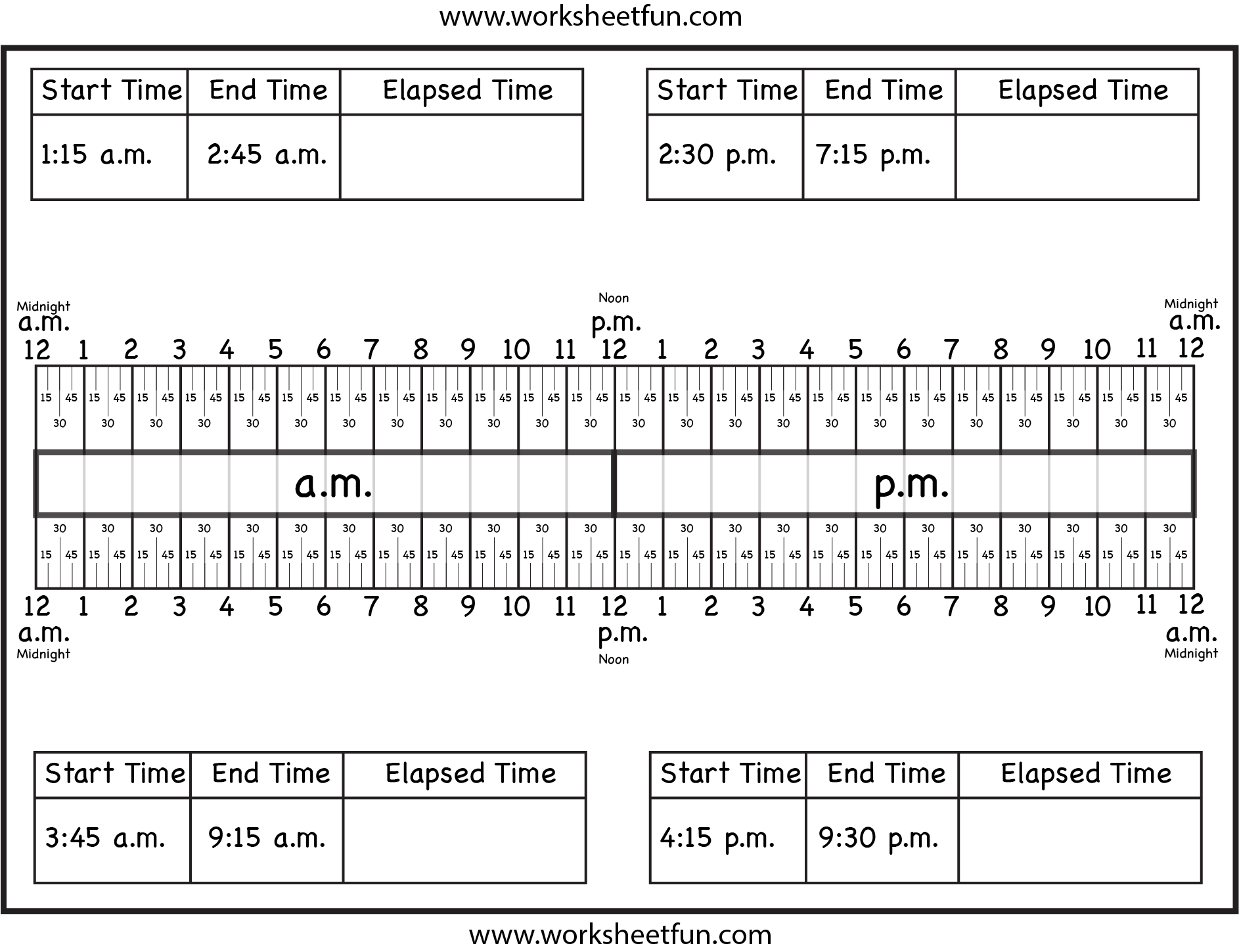 Calculate Elapsed Time - 5 worksheets - 15, 30, 45, 60 minutes ...