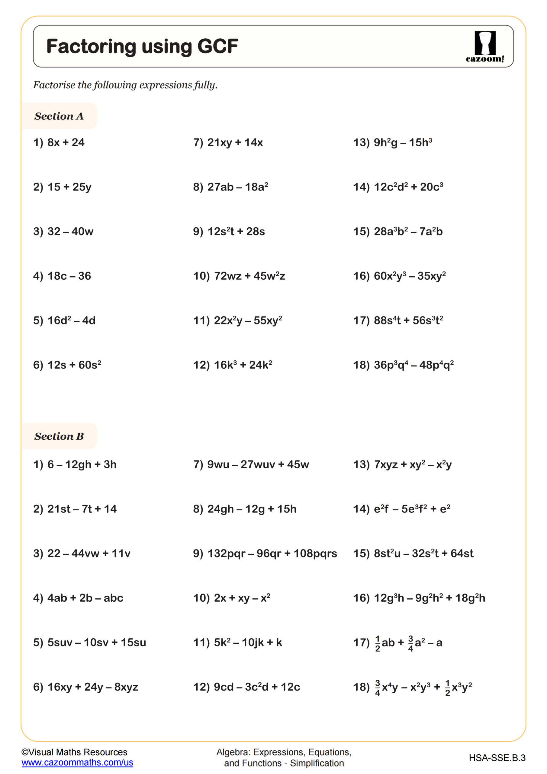Factoring using GCF Worksheet | PDF Printable Algebra Worksheet