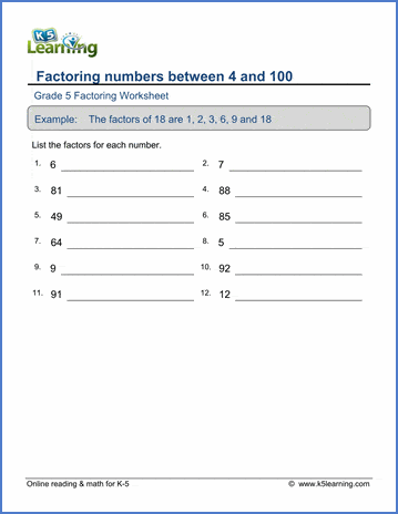 Grade 5 Factoring Worksheet: Factor numbers between 4 and 100 | Worsheets library...