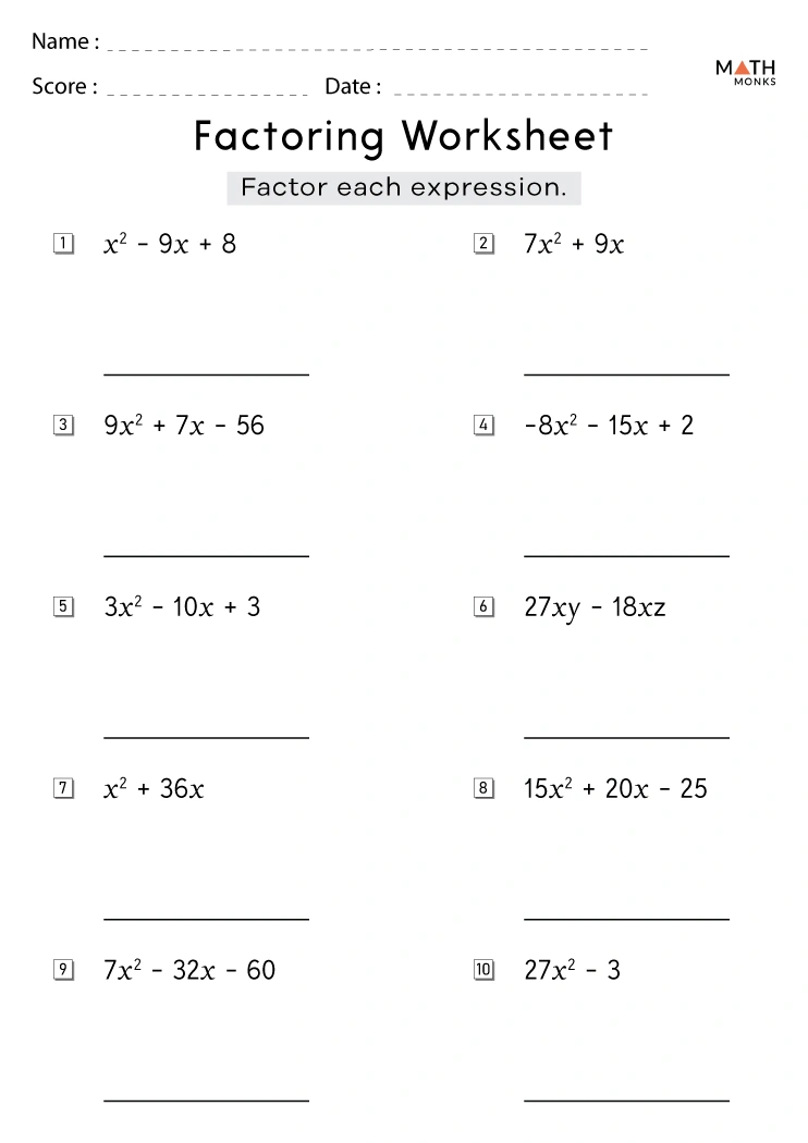 worksheet on factoring