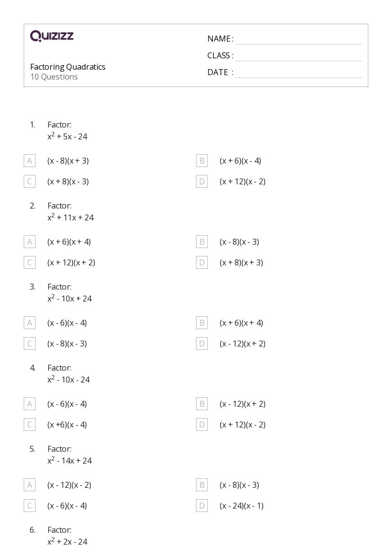 50+ factoring worksheets for 10th Class on Quizizz | Free &  Printable