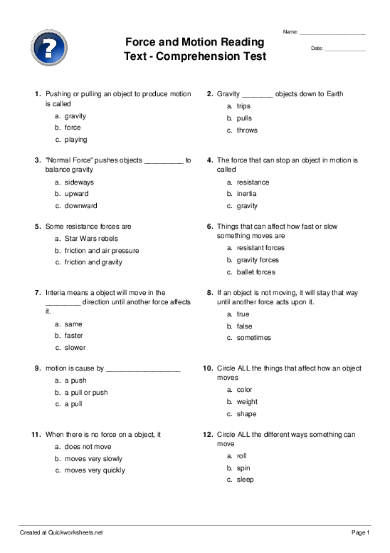 Force and Motion Reading Text - Comprehension Test - Multiple ...