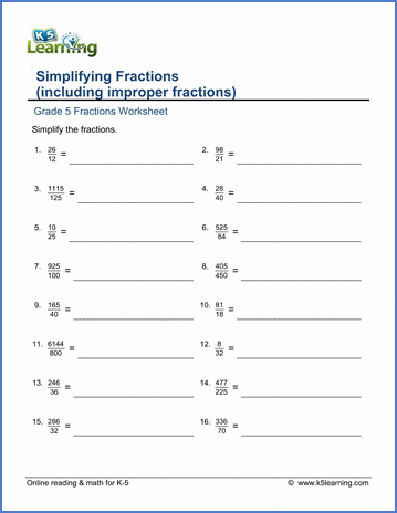 Simplifying proper and improper fractions worksheets | Worsheets library