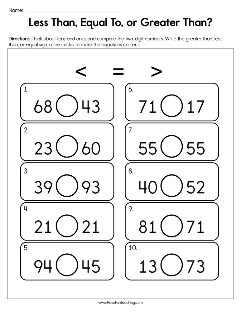 worksheet on greater than